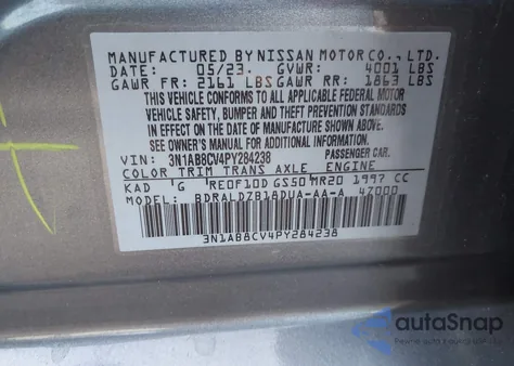 2023 Nissan Sentra Sv Xtronic Cvt from USA, damaged, VIN 3N1AB8CV4PY284238